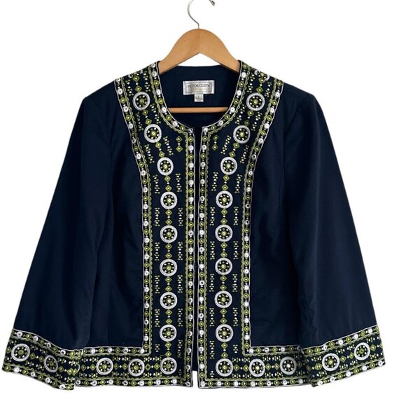 Victor Costa Womens Embroidered Blazer Size L Navy Embellished Textured Cotton - Picture 2 of 7